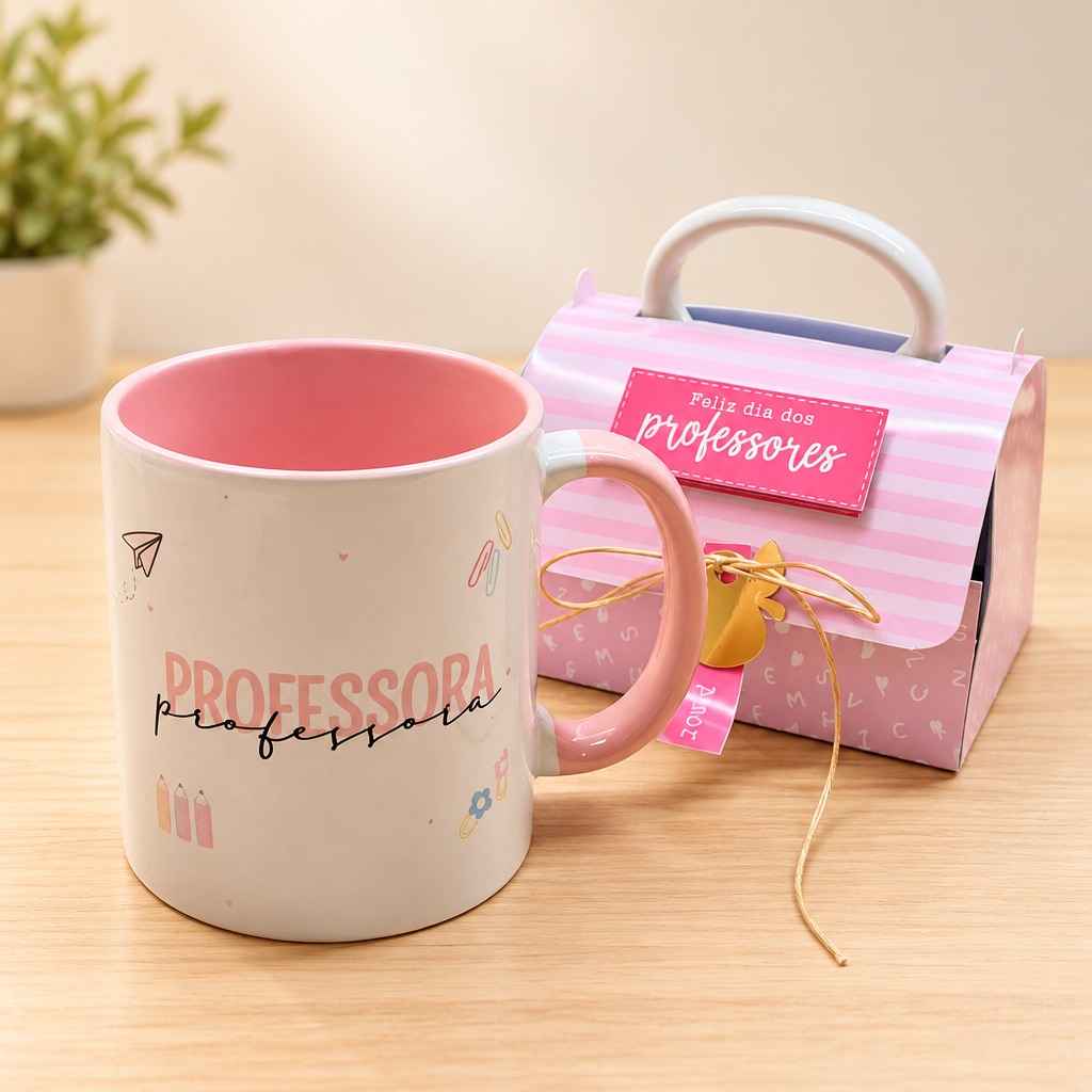 Box Professor que inspira - Caneca personalizada + embalagem exclusiva estilo maleta, com laço dourado e tag